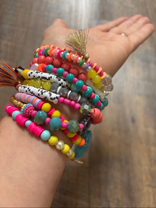Handmade Jewelry - Fun and Flirty Colorful Beaded Stack Bracelet Set of Ten with Tassels